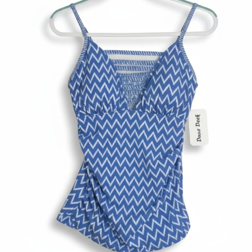 Dune Deck Women's Blue Chevron Tankini NEW Sz US 12 Cutout contrast trim Stretch